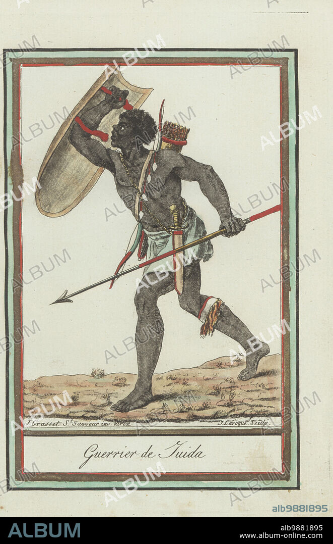 Warrior of the Kingdom of Whydah, Slave Coast, Africa (now Benin). Man in loincloth armed with shield, spear, short sword, bow and quiver of arrows. Guerrier de Juida. Handcoloured copperplate engraving by J. Laroque after a design by Jacques Grasset de Saint-Sauveur from his Encyclopedie des voyages, Encyclopedia of Voyages, Bordeaux, France, 1792.