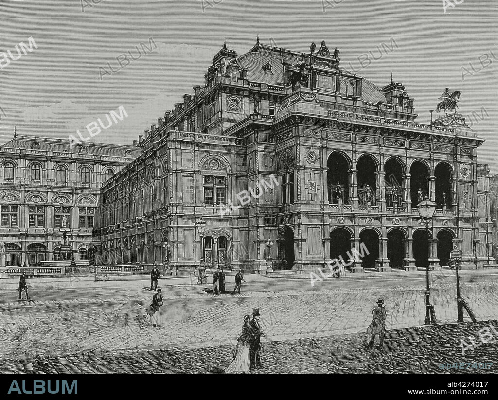 Austria, Vienna. Imperial Opera House (Opernhaus). Main facade. Engraving. La Ilustración Española y Americana, 1882.