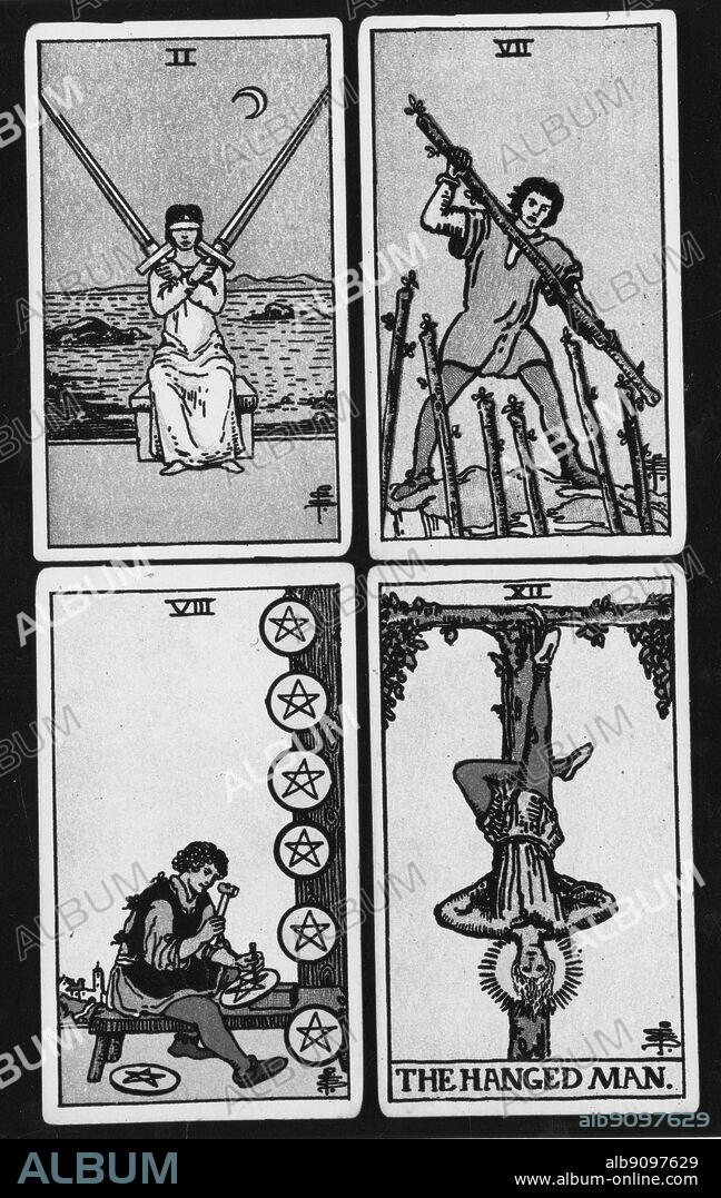 The Hanged Man and three of the minor cards - the Two of Swords, the Seven of Batons and the Eight of Coins - from the best-known modern tarot pack, devised by Arthur Edward Waite, a member of the Golden Dawn.
