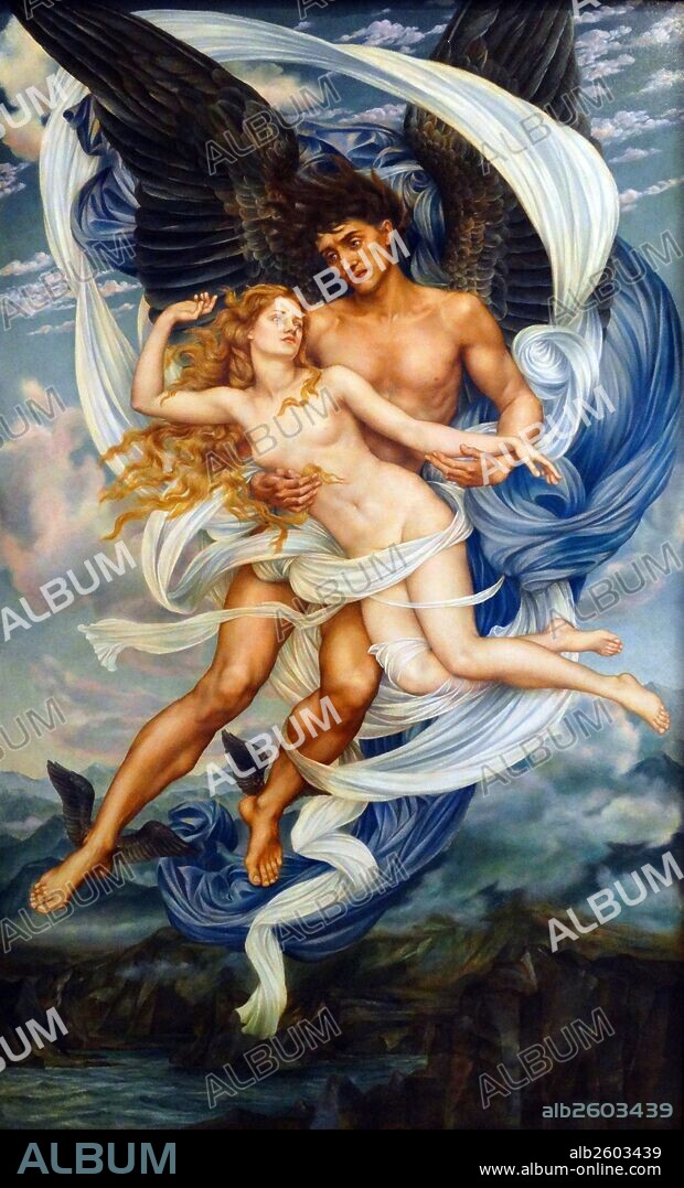 Boreas and Oreithyia (1896), by Evelyn De Morgan (30 August 1855 – 2 May 1919). English Pre-Raphaelite painter. Oreithyia was the daughter of King Erechtheus of Athens and his wife, Praxithea, in Greek mythology. Boreas, the north wind, fell in love with her. At first he attempted to woo her, but after failing at that he decided to take her by force, as violence felt more natural to him. While she was playing by the Ilissos River she was carried off to Sarpedon’s Rock, near the Erginos River in Thrace. There she was wrapped in a cloud and raped.