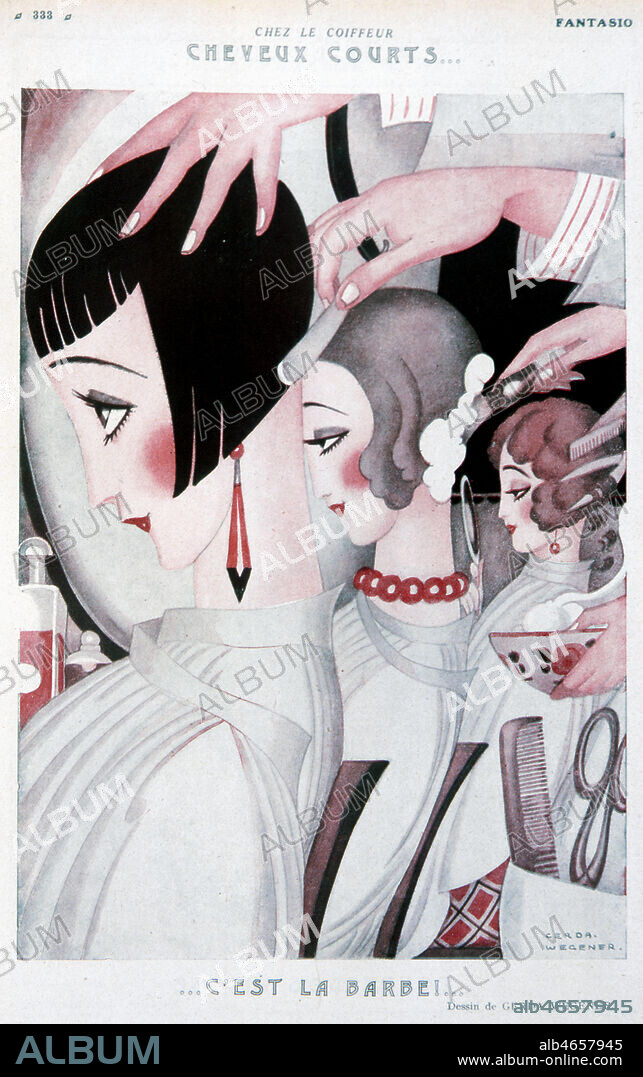 'Chez le coiffeur. Cheveux courts : c'est la barbe !' dans un salon de coiffure, trois femmes se font couper les cheveux. Dessin de Gerda WEGENER (1885-1940) publie dans Fantasio du 15 janvier 1925. Annees 20 . Credit : Collection KHARBINE-TAPABOR.
