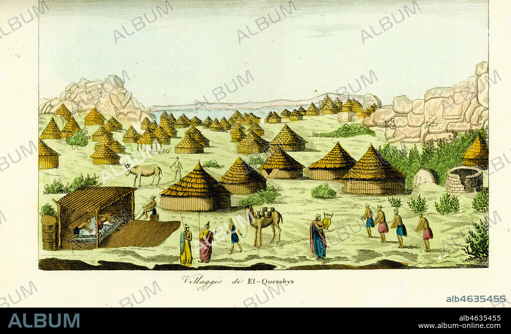 Village of El Querebya (El Querebyn) under the Funj Kingdom of Sennar, Sudan. In the village of round huts on the Blue Nile, women grind flour with stones while others dance to music from a Nubian lyre. Handcoloured copperplate engraving from Giulio Ferrario's Costumes Ancient and Modern of the Peoples of the World, Florence, 1834.