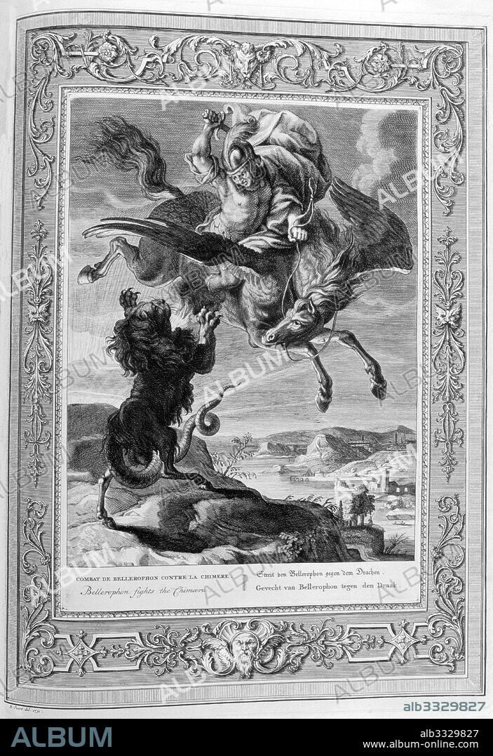 Chimera killed by Bellerophon. Engraving depicting Jason and the Argonuats. Engraved illustration from 'The Temple of the Muses', 1733. This book represented remarkable events of antiquity drawn and engraved by Bernard Picart (1673-1733). The Chimera was, according to Greek mythology, a monstrous fire-breathing hybrid creature of Lycia in Asia Minor.