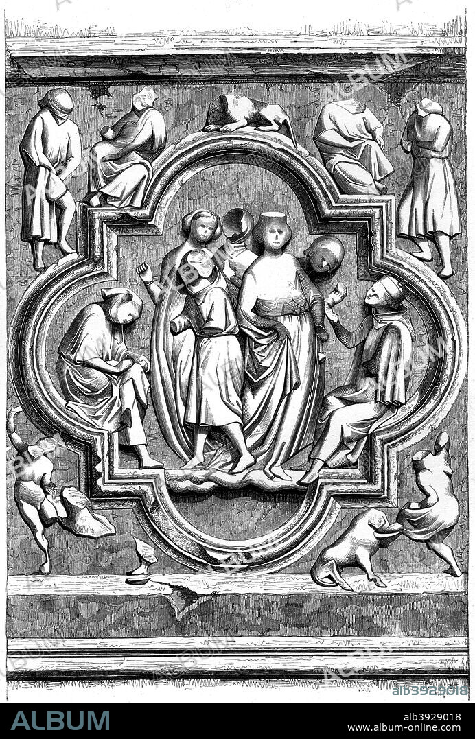 Poor children hepled by the bourgeoisie of Paris, 1849. From a bas-relief on the exterior of Notre-Dame, Paris. From Le Moyen Age et la Renaissance, by Paul Lacroix, Ferdinand Séré and A Rivaud, Volume I (Paris, 1849).