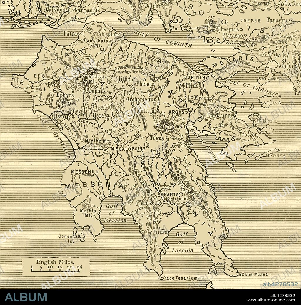 'Map of the Peloponnesus', 1890. The Peloponnesus or Peloponnese peninsula in southern Greece, named after Pelops in Greek mythology, the first Olympic Games were held at Olympia, in Westeren Peloponnese in 776BC. From "Cassell's Illustrated Universal History, Vol. I - Early and Greek History", by Edmund Ollier. [Cassell and Company, Limited, London, Paris and Melbourne, 1890].