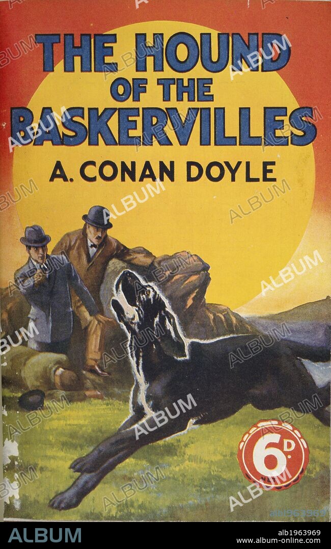 ARTHUR CONAN DOYLE. Coloured illustration showing Sherlock Holmes and Doctor Watson confronting the hound of the Baskervilles. The Hound of the Baskervilles. London : George Newnes, 1927. Source: 012603.b.11 cover. Language: English.