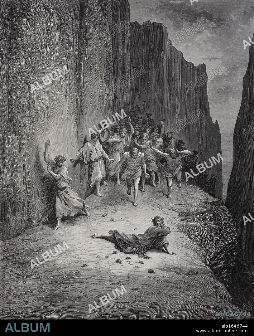 Engraving by Gustave Dore 1832-1883 French artist and illustrator for Purgatory by Dante Alighieri Canto XV lines 103 to 106.