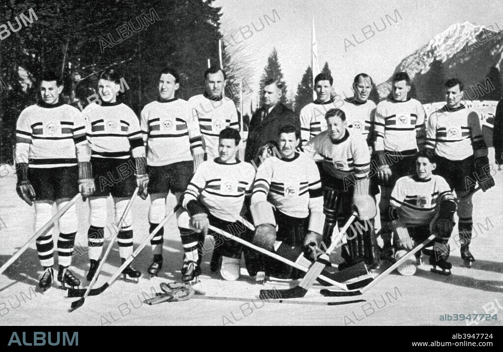Great Britain ice hockey team, Winter Olympic Games, Garmisch-Partenkirchen, Germany, 1936. Great Britain finished ahead of Canada in the final pool to win the gold medal. A print from Olympia 1936, Die Olympischen Spiele 1936, Volume I, Cigaretten-Bilderdienst, Hamburg, 1936.