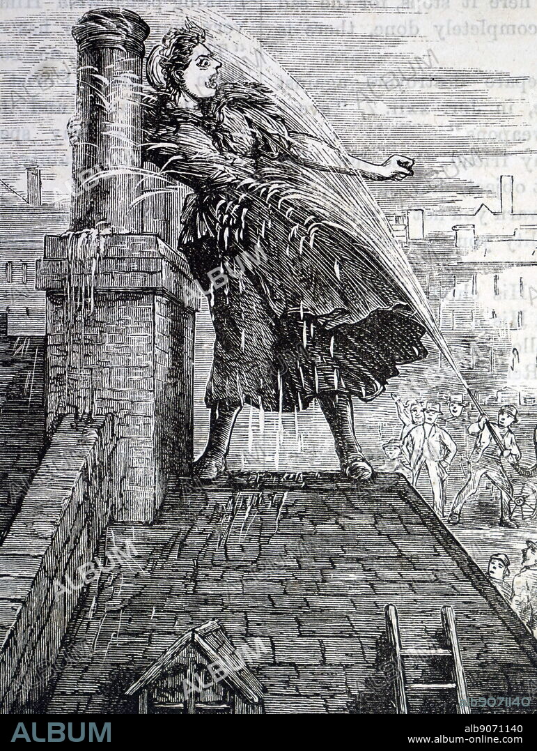 Cartoon depicting a woman leading a workhouse rebellion being sprayed by a fire hose in an attempt to end her protest. Dated 19th century.