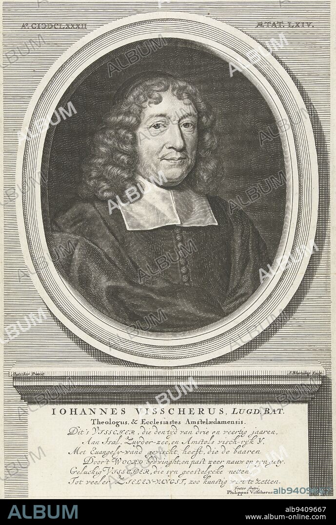 Bust of the Amsterdam minister Johannes Visscher. Below the portrait a verse about Visscher in Dutch, Portrait of Johannes Visscher at the age of 64 Iohannes Visscherus., print maker: Abraham Bloteling, (mentioned on object), after: Michiel van Musscher, (mentioned on object), Philippus Visscherus, (mentioned on object), Amsterdam, 1682, paper, engraving, h 264 mm × w 180 mm.