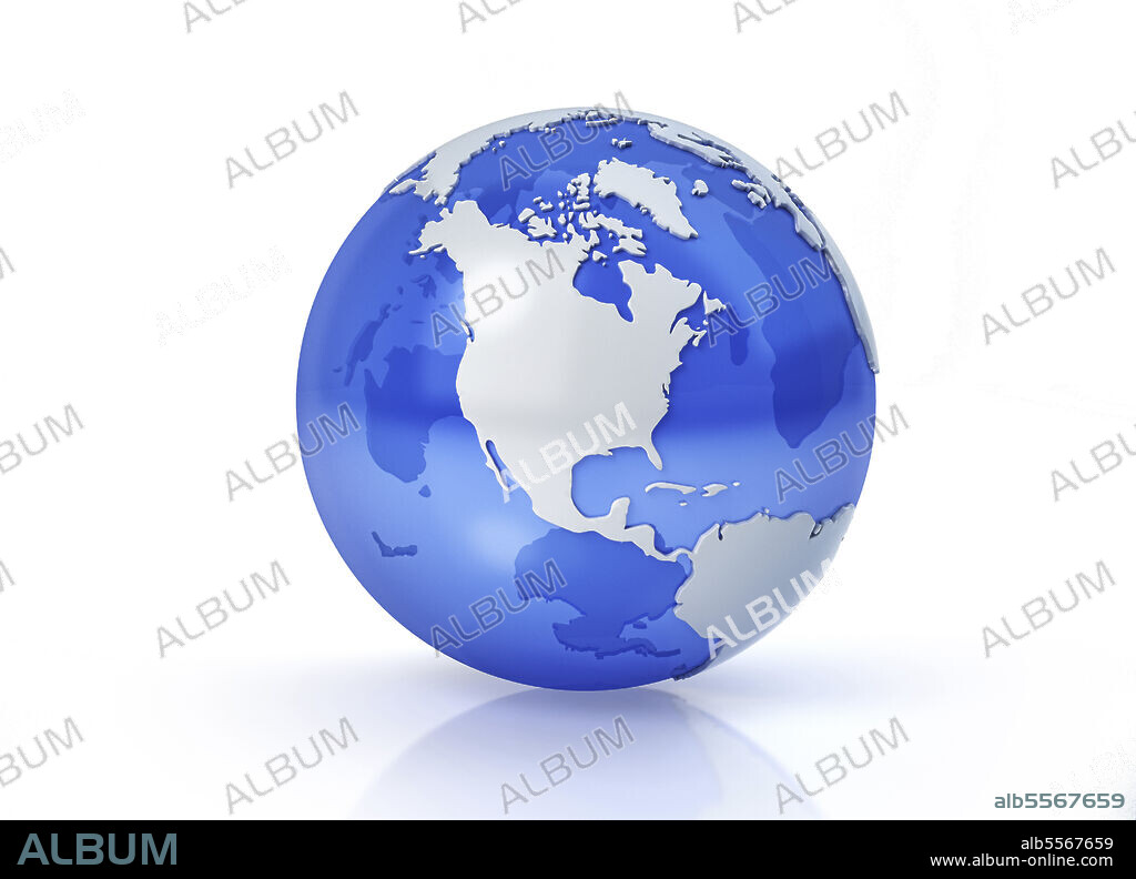 Stylized Earth globe, North America view with grey continents and transparent seas to reveal continents on the other side.