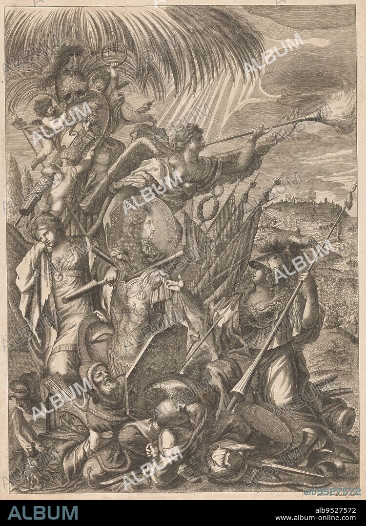 Allegorical representation with the portrait of Hans Adam von Schöning, Johann Christoph Boecklin, 1691 - 1709, On the ground lie defeated enemies of Field Marshal Hans Adam von Schöning. Above, armor with shields and banners with three allegorical figures. On the left, three putti in a palm tree with a helmet and the coat of arms of von Schöning. In the background a besieged city., print maker: Johann Christoph Boecklin, (mentioned on object), Leipzig, 1691 - 1709, paper, etching, engraving, h 443 mm × w 323 mm.