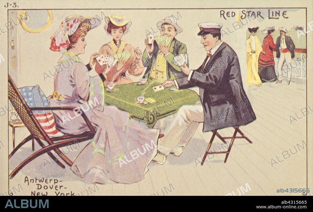 Passengers play cards on the deck of a Red Star liner, 1907. People enjoy a game of Bridge on board an ocean liner on a transatlantic crossing. The Red Star Line ran between Antwerp in Belgium, Dover in England and New York in the USA. Postcard.