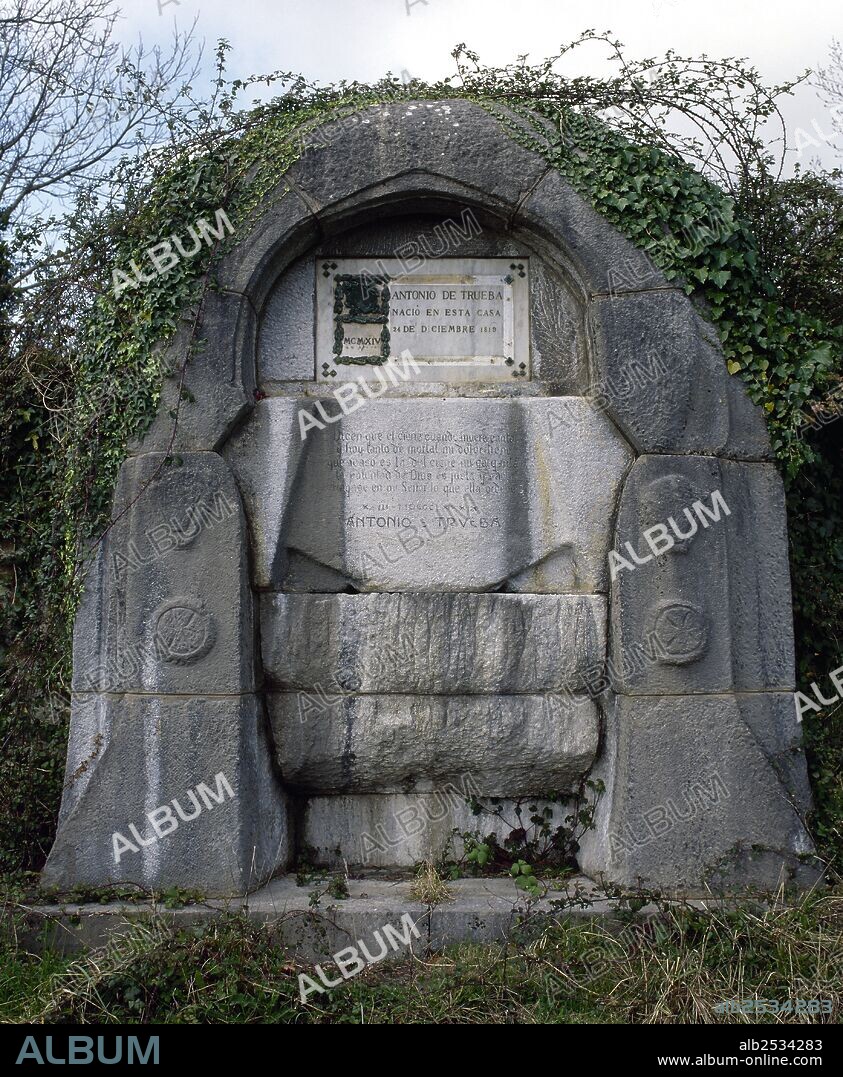 TRUEBA Y LA QUINTANA, Antonio de (Montellano, 1819-Bilbao, 1889). Escritor. En su prosa reflejó el ambiente rural vasco. MONUMENTO ERIGIDO EN SU CASA NATAL. MONTELLANO. Provincia de Vizcaya (Bizkaia). Comarca de las Encartaciones. País Vasco.