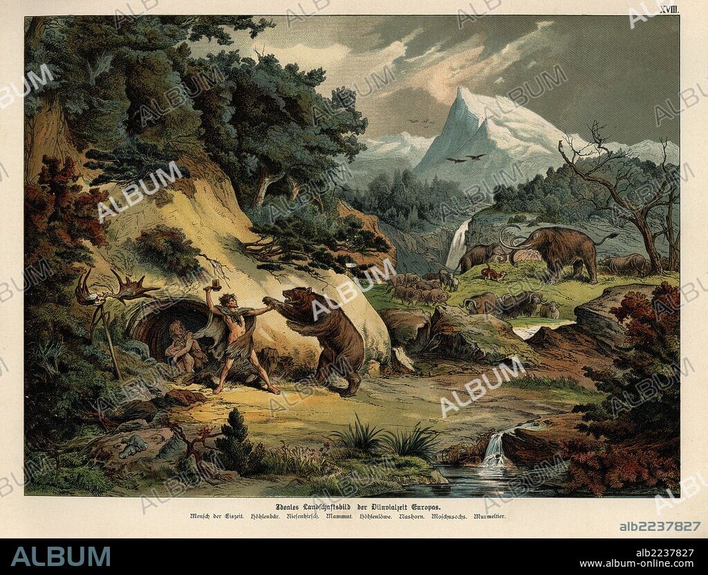 Restoration of a European landscape in the Diluvial era. Ice Age man, rhinoceros, cave lion, cave bear, giant deer, mammoth, musk ox, and marmot. Chromolithograph from Dr. Fr. Rolle's "Geology and Paleontology" section in Gotthilf Heinrich von Schubert's "Naturgeschichte," Schreiber, Munich, 1886.
