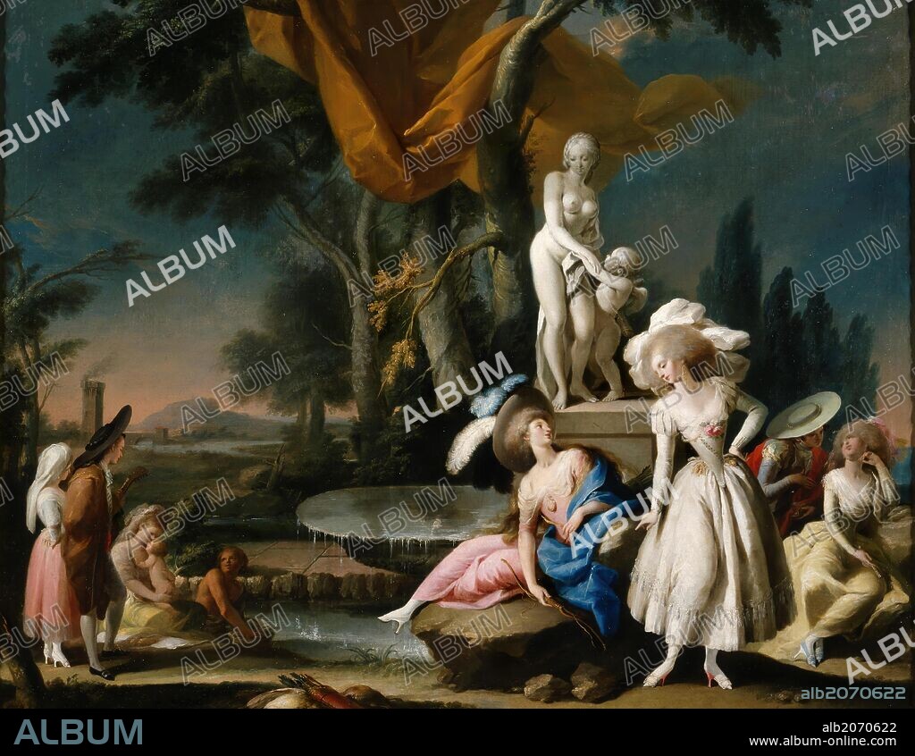 JOSÉ CAMARÓN BONANAT. José Camarón Bonanat / 'Parejas en un parque', Hacia 1785, Escuela Española, Óleo sobre Lienzo, 83 cm x 108 cm, P06733.