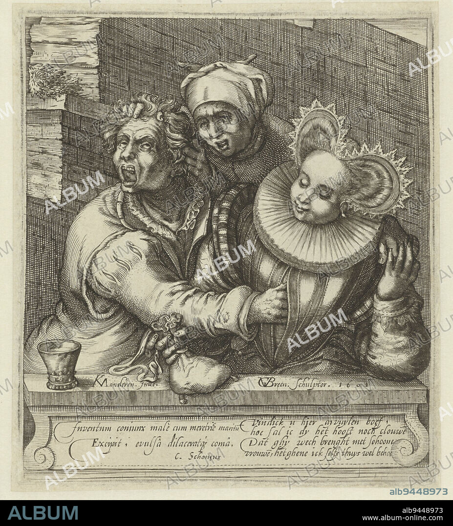 A man spending his money with a young woman is surprised by his wife and pulled by the hair. The young woman is holding the man's purse in her hands. Beneath the scene is a Latin poem by Cornelius Schonaeus and, in Dutch, the words the wife used to call her husband: Vindick u hier ay vuylen boef..., The Caught Husband, print maker: Gillis van Breen, (mentioned on object), Karel van Mander (I), (mentioned on object), Cornelius Schonaeus, (mentioned on object), Haarlem, 1601, paper, engraving, h 177 mm × w 160 mm.