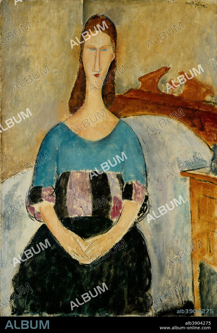 AMEDEO MODIGLIANI. Portrait of Jeanne Hebuterne, Seated, 1918. Date/Period: 1918. Painting. Oil on canvas Oil on canvas. Height: 550 mm (21.65 in); Width: 380 mm (14.96 in).