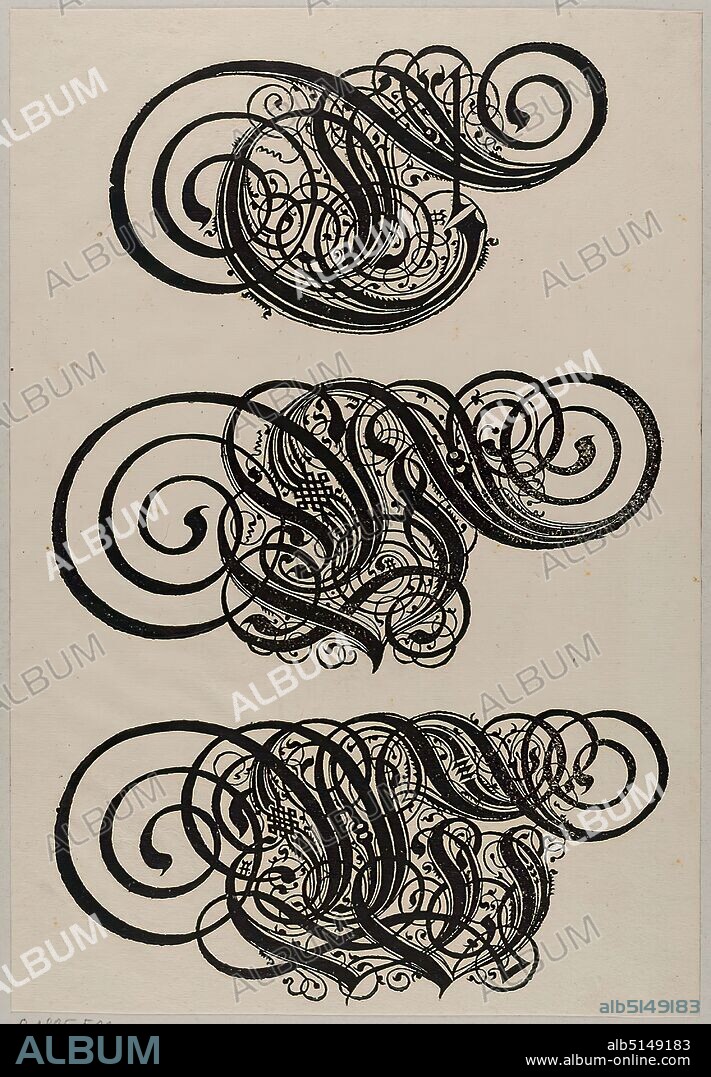 Conrad Bauer, Paulus Franck, Katharina Dietrich, Alphabet (ornamental letters U, V, W), paper, woodcut, sheet size: height: 28.60 cm; width: 19.80 cm, unmarked, prints, printed matter, letters, alphabet, writing, One of eight sheets with three ornamental letters of the alphabet from each: treasury, all kinds of capitals Latin and German all Cantzleyen from neüen in Druckh thus finished. By Paulum Francken of Gfres from the Voigtlandt Burger von Memmingen, Printed at Nürmberg, by Katharina Dieterichin, In transfer Conrad Bauern 1601.