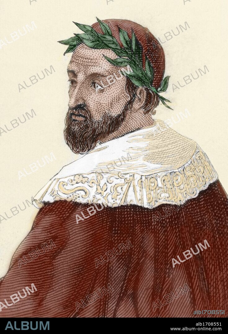 ARIOSTO, Ludovico (Ressio Emilia,1474-Ferrara, 1533). Poeta italiano procedente de una noble familia al servicio de la casa de Este. Su obra maestra, culminación de la epopeya renacentista, es el "Orlando el Furioso". Grabado coloreado.