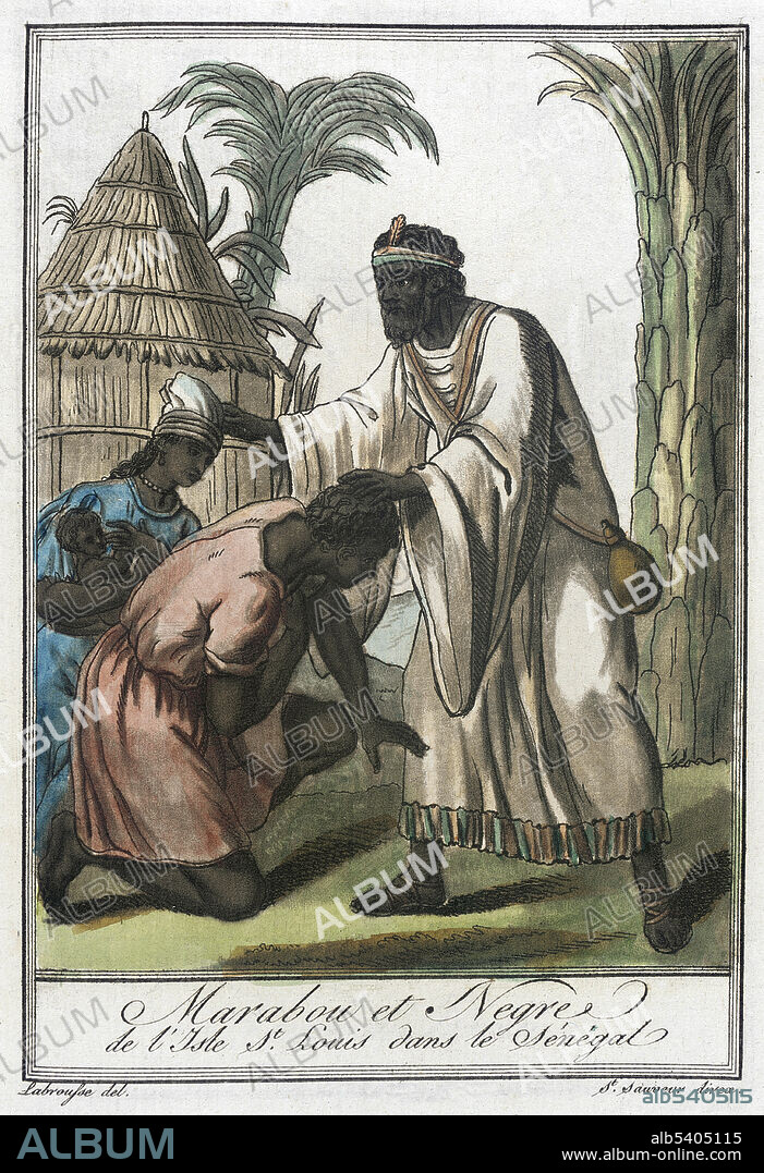 Marabou et Negre de l'Isle St. Louis dans le Sénégal. Marabout and Negre of St. Louis Island in Senegal. Saint-Louis was established in 1659 by French traders on an uninhabited island called Ndar. It was the first permanent French settlement in Senegal. The fortified factory commanded trade along the Senegal River. Slaves, hides, beeswax, ambergris and, later, gum arabic were exported. The Mandinka people live primarily in West Africa in Mali, The Gambia, Guinea, Sierra Leone, Senegal, Burkina Faso, Liberia, Guinea-Bissau, Niger, Mauritania and Ivory Coast. Some Mandinka syncretize Islam and traditional African religions. Among these syncretists spirits can be controlled mainly through the power of a marabout, who knows the protective formulas. In most cases, no important decision is made without first consulting a marabout. Marabouts, who have Islamic training, write Qur'anic verses on slips of paper and sew them into leather pouches (talisman); these are worn as protective amulets. Costumes of Different Countries, hand-tinted engraving by Labrousse, published by Jacques Grasset de Saint-Sauveur, 1797.