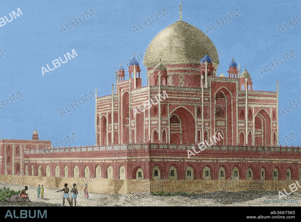 Mughal Emperor Humayun (Kabul, 1508-Delhi, 1556). Second emperor of the Mughal Empire. He governed Afghanistan, Pakistan and territories of the Northern India from 1530 to 1540. Tomb of Humayun in Delhi, India. It was commissioned by his first wife and chief consort, Empress Bega Begum (Haji Begum) in 1569-1570 and designed by the Persian architect Mirak Mirza Ghiyas. Engraving by Lemaitre after Kinnewel. From Panorama Universal-India, 1845. Later colouration.