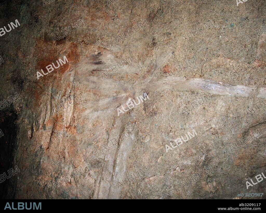 CUEVA DE PEDRO FERNANDEZ: DETALLE PANEL 2, GRABADO RECIENTE EN FORMA DE FLECHA A LA DERECHA DEL PANEL  ESTREMERA, COMUNIDAD DE MADRID, ESPAÑA.