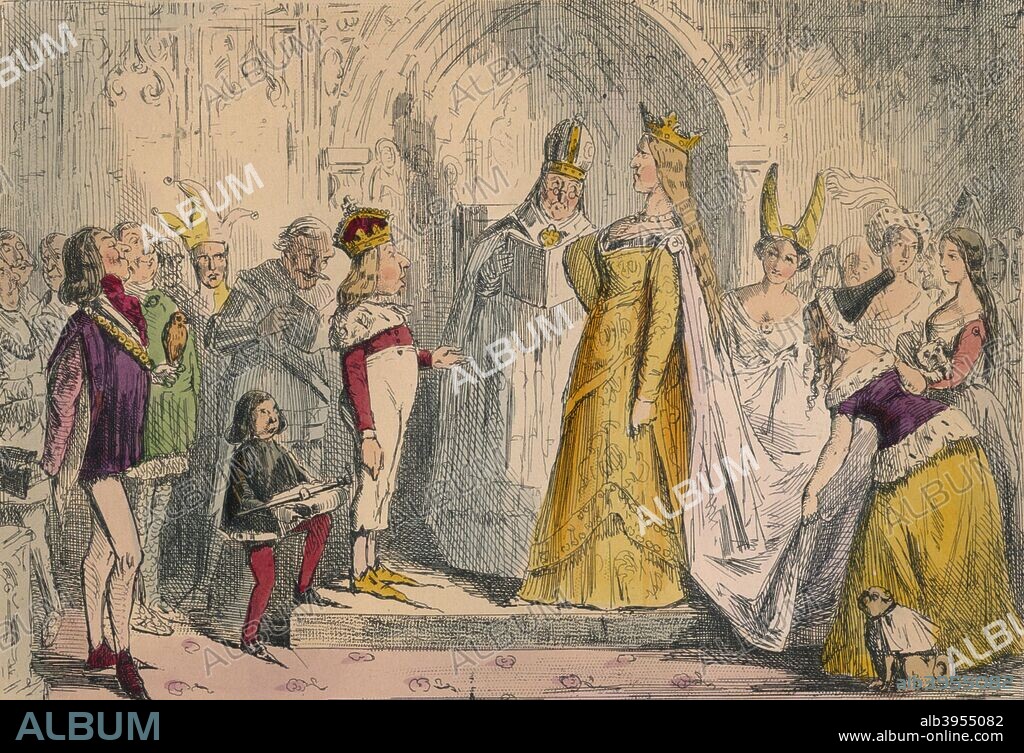 Marriage of Henry the Sixth and Margaret of Anjou, 1850. A satirical illustration showing the marriage of King Henry VI (1421-1471) and Margaret of Anjou (1430-1482). The marriage of King Henry VI (1421-1471) and Margaret of Anjou (1430-1482) took place at Titchfield Abbey on 23rd April 1445, one month after Margaret's 15th birthday. From The Comic History of England by Gilbert Abbott A. Beckett, illustrated by John Leech [Bradbury, Agnew & Co., London, 1850.].