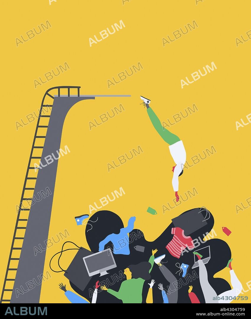 People diving into pile of shopping goods.