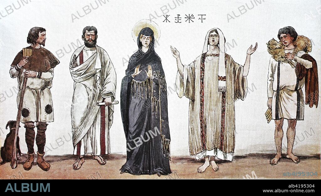 Clothing, fashion in early Christian times, 300-600 AC, from the left, shepherd in high tunic, an apostle with a toga-like big cloak, a matron with a fringed cloak, a young woman with a tunic and a Dalmatika and a headband and a shepherd with an antique panpipe, pictures after Catacomb images and mosaics of the early Christian period, digital improved reproduction of an original print from the 19th century.