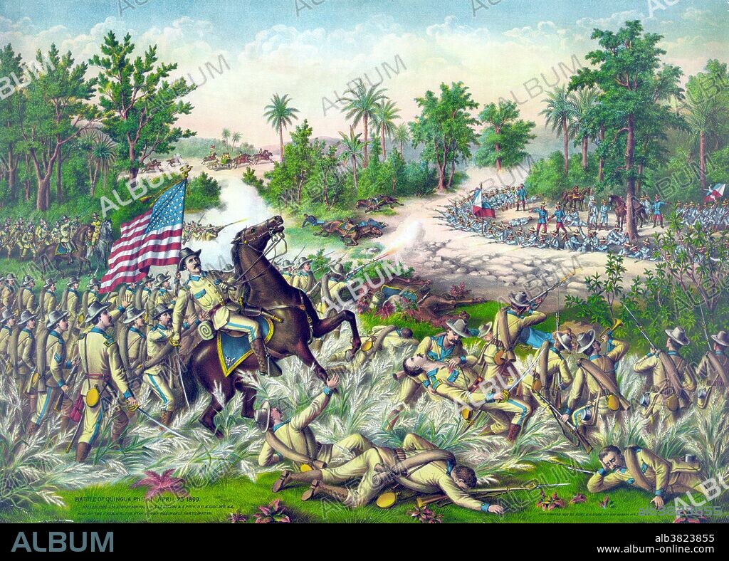 The Battle of Quingua was fought on April 23, 1899. The first phase was a brief victory for the young Filipino general Gregorio del Pilar when he stopped the advance of the American Cavalry led by Major J. Franklin Bell. In the second phase of the battle, Bell was reinforced by the 1st Nebraskan Infantry who routed the Filipinos, but not before they repelled a cavalry charge that killed Colonel John M. Stotsenburg. The Philippine-American War (1899-1902) was an armed conflict between the US and Philippine revolutionaries. The conflict arose from the struggle of the First Philippine Republic to secure independence from the US following the latter's acquisition of the Philippines from Spain after the Spanish-American War. The war was a continuation of the Philippine struggle for independence that began in 1896 with the Philippine Revolution. Fighting erupted between US and Philippine revolutionary forces on February 4, 1899, and quickly escalated into the 1899 Second Battle of Manila. On June 2, 1899, the First Philippine Republic officially declared war against the US. The war officially ended on July 4, 1902. Kurz & Allison chromolithograph, 1899.