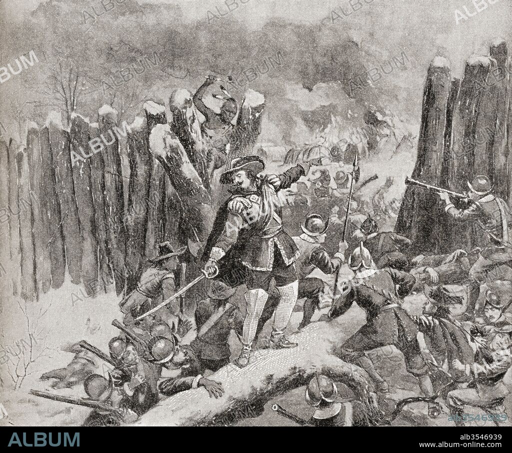 The colonial assault on the Narragansetts' fort in the Great Swamp Fight in December 1675 during King Philip's War, aka First Indian War, Metacom's War, Metacomet's War, or Metacom's Rebellion. From The History of Our Country, published 1899.