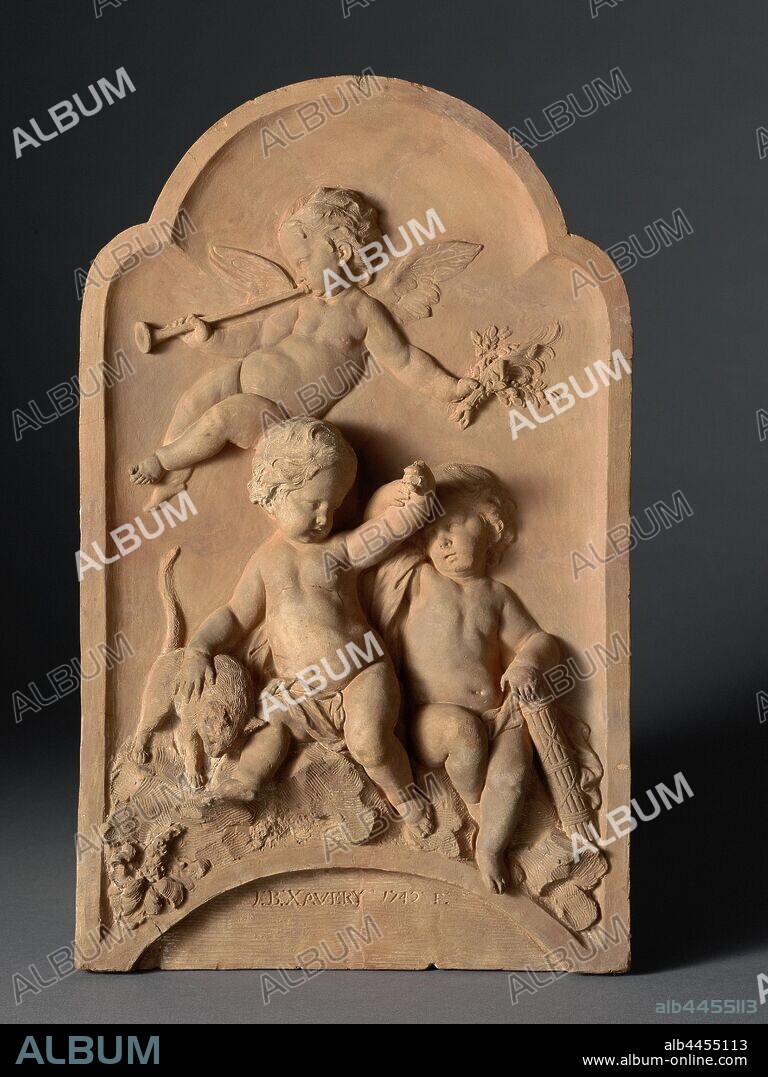 cat, Chimney piece with three putti and a cat. The image is signed and dated: J.B. Xavery 1742. The statue is in a wooden frame that states: J.B. Xavery (1697-1742), 1742., Jan Baptist Xavery, The Hague, 1742, terracotta (clay material), wood (plant material), h 70.5 cm × w 33.8 cm × d 8.9 cm w 33.8 cm × d 3.3 cm.