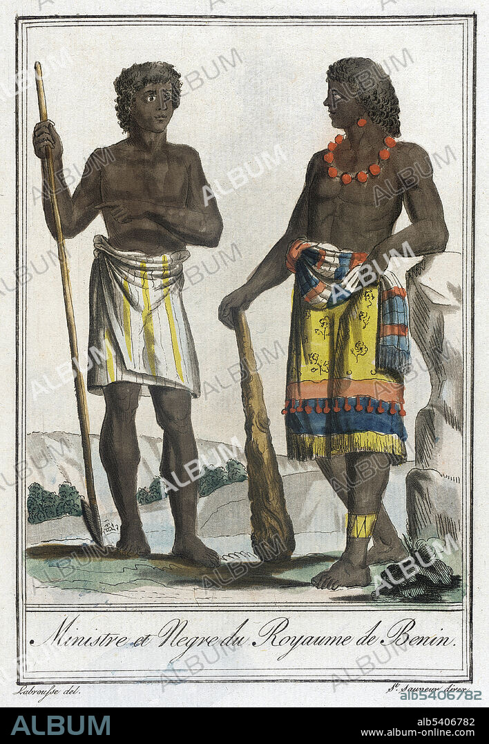 Ministre et Negre du Royaume de Benin. Minister and Negro of the Kingdom of Benin. The Kingdom of Dahomey was an African kingdom (present-day Benin) that existed from about 1600 until 1894, when the last king, Béhanzin, was defeated by the French, and the country was annexed into the French colonial empire. The kings of Dahomey sold their war captives into transatlantic slavery. It flourished in the region of Dahomey for almost three hundred years, beginning in 1472 with a trade agreement with Portuguese merchants. The area was named the Slave Coast because of this flourishing trade. Court protocols, which demanded that a portion of war captives from the kingdom's many battles be decapitated, decreased the number of enslaved people exported from the area. By about 1750, the King of Dahomey was earning an estimated $327,500 per year by selling African captives to European slave-traders. The number went from 102,000 people per decade in the 1780s to 24,000 per decade by the 1860s. Costumes of Different Countries, hand-tinted engraving by Labrousse, published by Jacques Grasset de Saint-Sauveur, 1797.