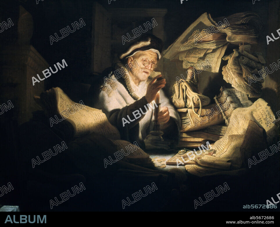DIT REMBRANDT REMBRANDT HARMENSZOON VAN RIJN. Rembrandt, Rembrandt Harmenszoon van Rijn, dit ; Leyde 15.7.1606. - Amsterdam 4.10.1669. - "Le changeur de monnaie" (parabole de l'homme riche, Luc 12, 16-21), 1627. Huile sur bois. (chêne), H. 0,317 ; L. 0,425. Berlin, SMB, Gemäldegalerie.