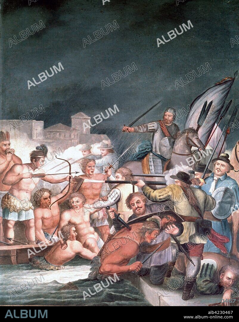 CORTES , HERNAN CONQUISTADOR ESPAÑOL . MEDELLIN 1485 - 1547 " LA NOCHE TRISTE " . 30 DE JUNIO DE 1520 DE LA SERIE , CONQUISTA DE MEXICO MUSEO AMERICA . MADRID.