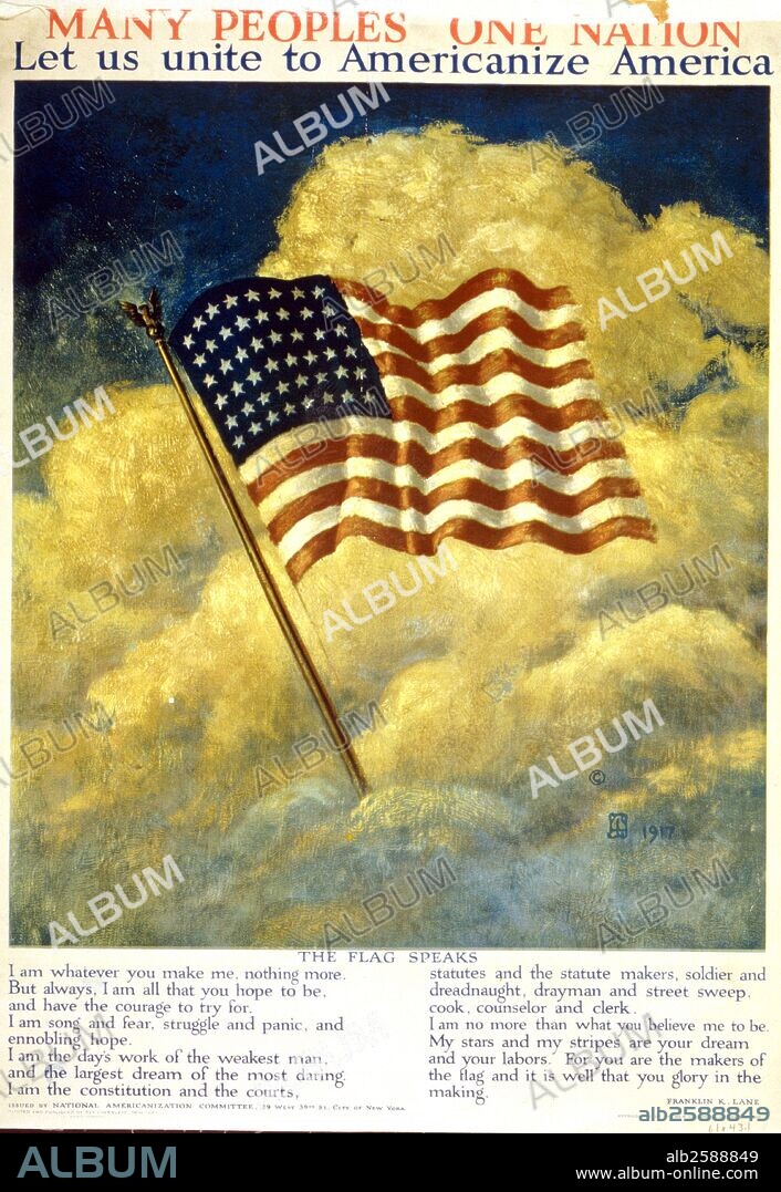 Poster showing the American flag waving among clouds. Created by Ray Greenlead. Dated 1917 Photo by: .