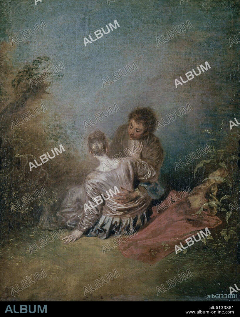 JEAN ANTOINE WATTEAU. 'El paso en falso', hacia 1717, Óleo sobre lienzo, 40 x 31,5 cm.