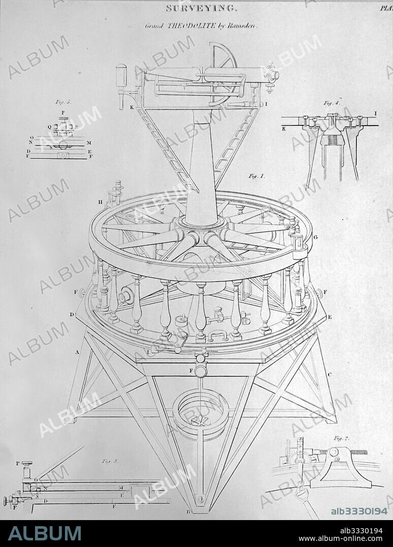 Diagram depicting the Grand Theodolite; a surveying instrument with a rotating telescope for measuring horizontal and vertical angles. Invented by Jesse Ramsden (1735-1800) an English mathematician; astronomical and scientific instrument maker. Dated 19th Century.