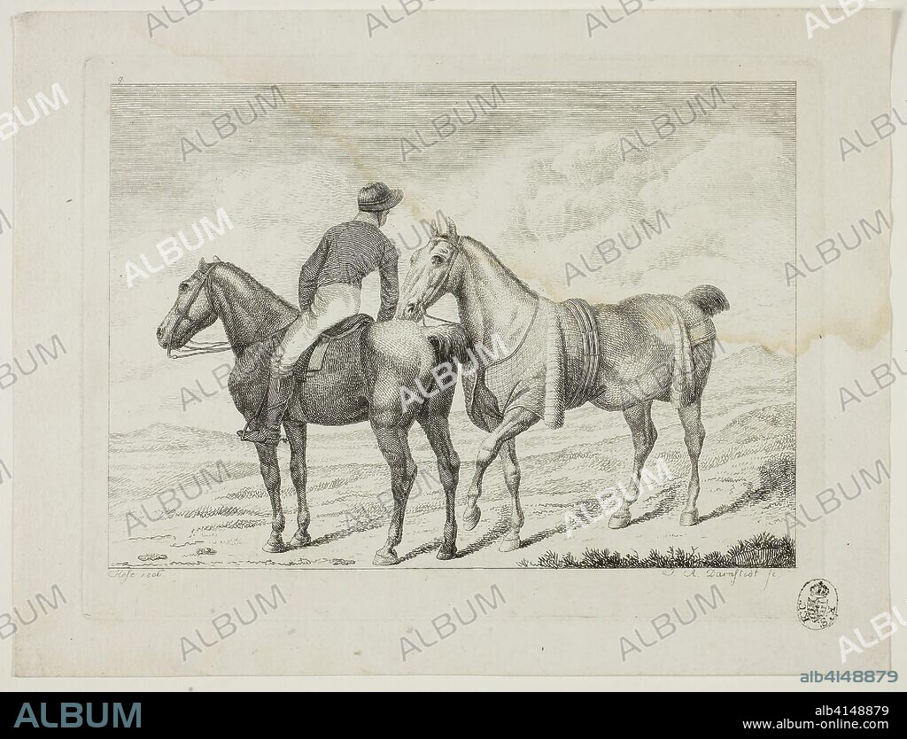 Riding School and Horses. Johann Adolph Darnstedt; German, 1769-1844. Date: 1806. Dimensions: 134 × 188 mm (image); 154 × 202 mm (plate); 182 × 240 mm (sheet). Etching on ivory wove paper. Origin: Germany.