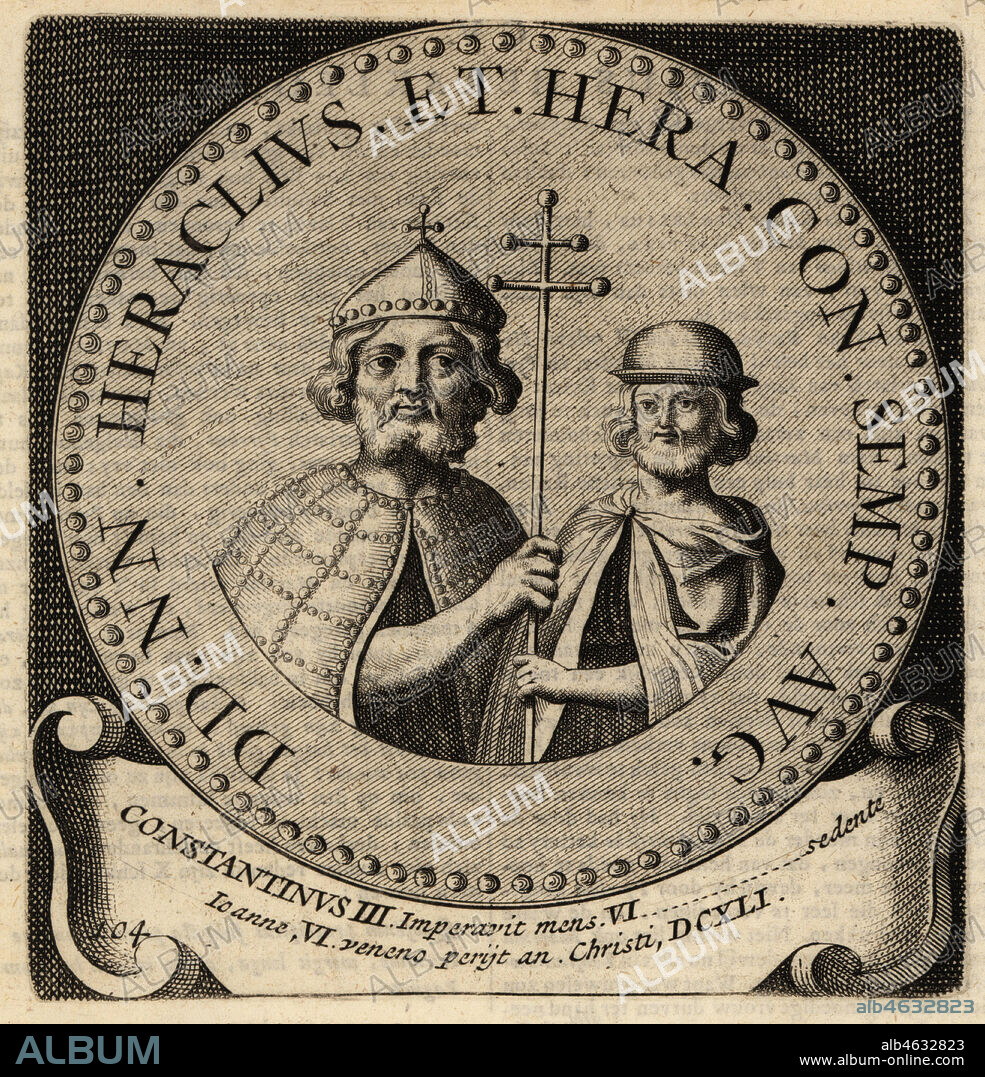 Byzantine Emperor Heraclius, Flavius Heraclius Augustus, 575-641, and son Constantine III, Heraclius Novus Constantinus Augustus, 612-641, Eastern Roman Emperors. Copperplate engraving from Abraham Bogaerts De Roomsche Monarchy, The Roman Monarchy, Francois Salma, Utrecht, 1697.