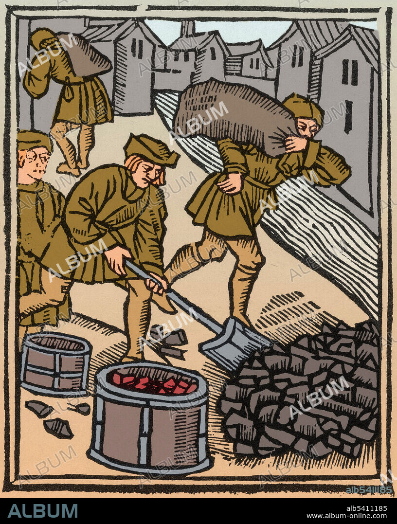 Scenes of a trade: charcoal burners. Woodcut, 1500 or 01. From Les Ordonnances de Paris. A charcoal burner's job was a humble one, but one that in pre industrial society was extremely important. For centuries many trades depended on charcoal as their main source of fuel. Iron working, blacksmithing, brick making, glass making, foundry work such as casting bells and cannons, gold and silversmithing, all used huge quantities of charcoal. This image has been colorized.