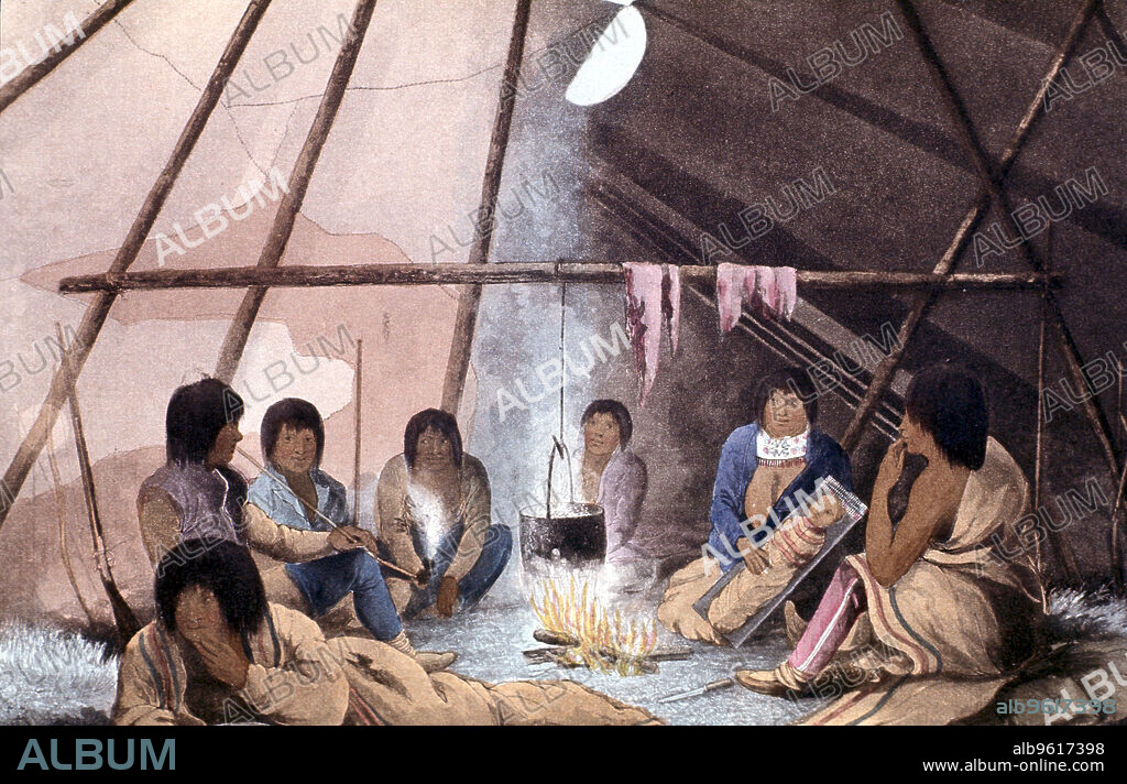 Interior of Cree Indian tent, 1823. Man smoking: Papoose in 'cradle': Cooking pot suspended over fire. Coloured lithograp from John Franklin Narrative of a Journey to the Shores of the Polar Sea', London, 1823.