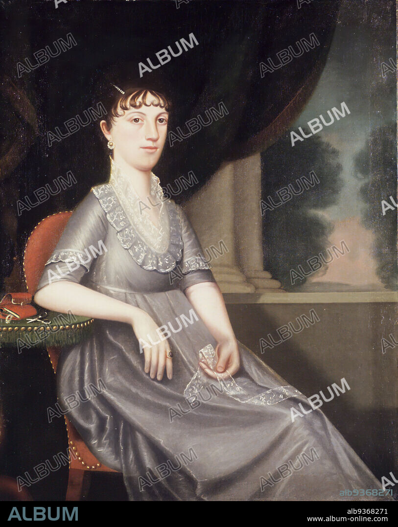 Mrs. Ebenezer Porter, Lucy 'Patty' Pierce Merwin, Ralph Eleazer Whiteside Earl, American, ca. 1785-1838, Oil on canvas, 1804, 45 13/16 x 36 1/2 in., 116.4 x 92.7 cm, 19th Century, 3/4 pose, bangs, bodice, chair, columns, creamy throat, curls, dress, earring, empire waist, Female, Georgian period, grey, ivory skin, lace, low cut, Luch Patty Pierce Merwin, milky neck, Mrs. Ebenezer Porter, neck, oil, painting, portrait, Ralph Eleazer Whiteside Earl, Regency, ribbon, scissors, seated, Seated Woman, throat, woman.