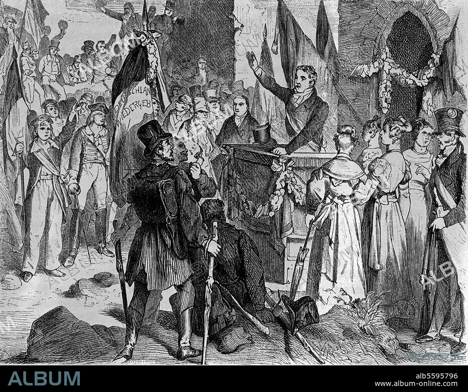 Hambach Festival, 27 May to 30 May 1832 at Hambach Castle in present-day Rhineland-Palatinate, Germany. (German national democratic festival and rally in support of German unity, freedom and democracy during the Vormärz era). Scene from the festival. Woodcut, c.1880.