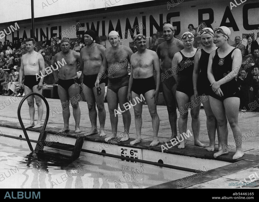 Competitors line-up for training, at Folkestone, for the English Channel swim in August. From left, Kenneth Wray, Peter Claydon, Edward May, Godfrey Chapman, Robert Leitch, Fred Gill, Brenda Fisher, Margaret, Feather and Jenny James. June 17, 1951.