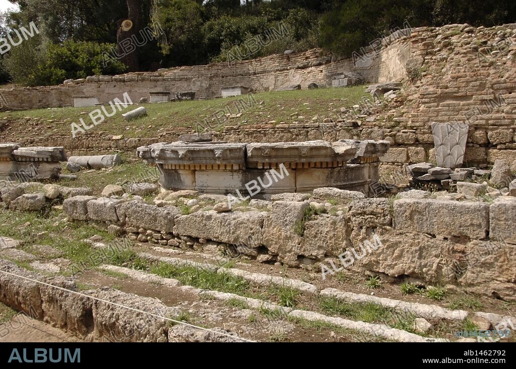 Greece. Olympia. Nymphaeum of Herodes Atticus.ca.160 AD. Roman period. View of ruins. Elis Region, Peloponnese.