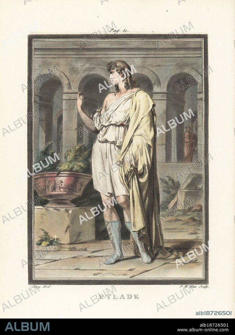 Pylades, friend of Orestes, character in Jean Racine's tragedy Andromache (Andromaque). Young man in curls, pallium mantle, short tunic, laced boots, standing before a flowerpot in a courtyard. Pylade. Hand-coloured copperplate engraving by Pierre-Michel Alix after an illustration by Philippe Chéry from Jean-Charles Le Vacher de Charnois's Recherches sur les Costumes et sur les Theatres de Toutes les Nations, M. Drouhin, Paris, 1790.