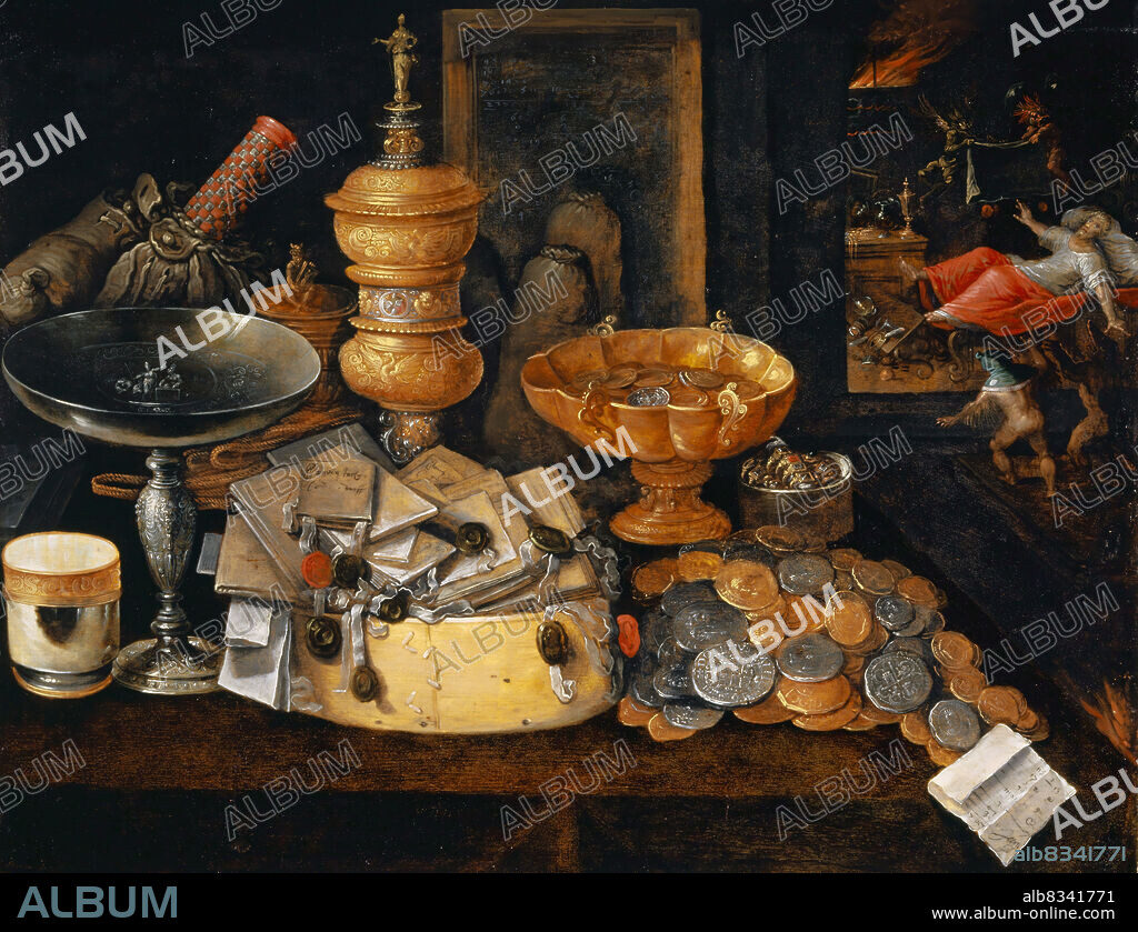 HIERONYMUS FRANCKEN II. Riches and the Death of the Miser, Still Life.