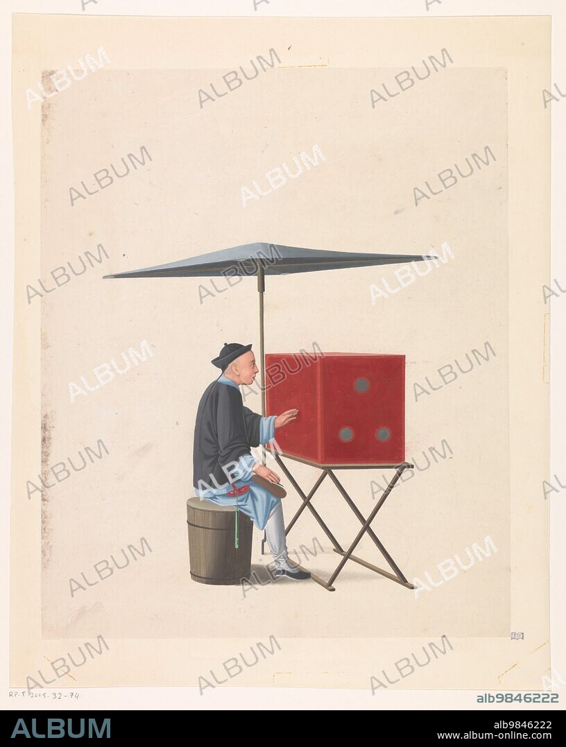 ANON. Chinese viewer, c.1800-c.1850. Under a parasol is a Chinese man on a barrel. In front of him is a viewing box with three holes on a wooden base.